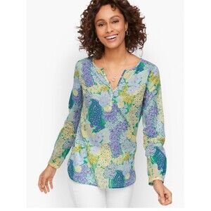 Talbots Band Collar Popover Blouse Cluster Garden Blue Yellow Floral MP Spring